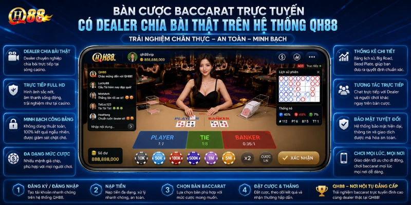 Bàn cược Baccarat trực tuyến có Dealer chia bài thật trên hệ thống QH88